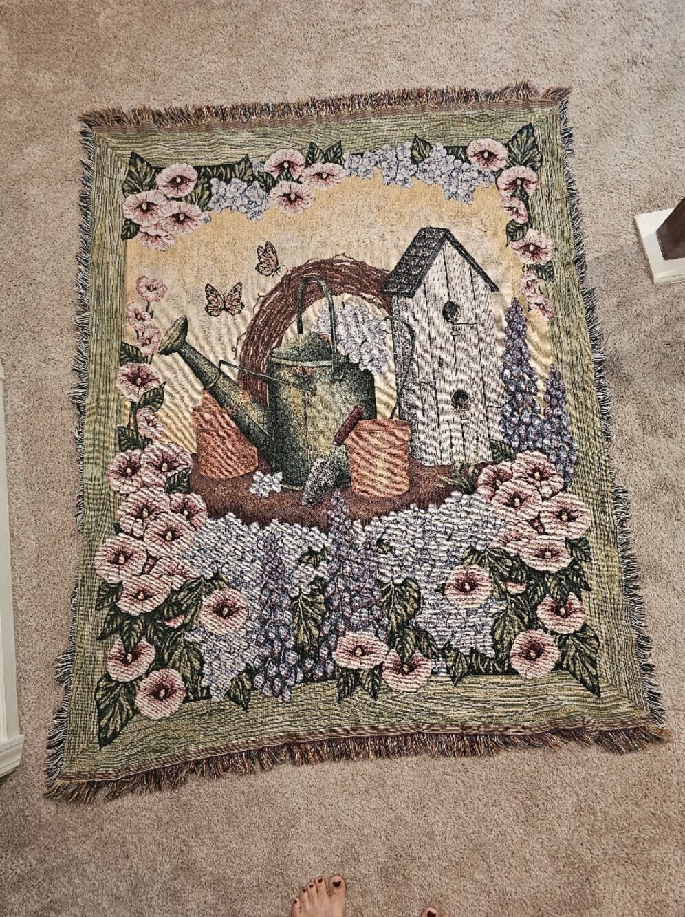 vintage garden-themed jacquard-woven cotton blend tapestry throw blanket